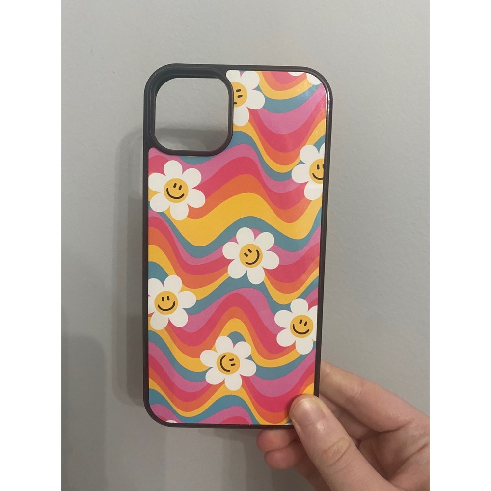 iPhone 14 Plus Case Unisex OS Multicolor Retro Wavy Rainbow Smiley Face Daisy